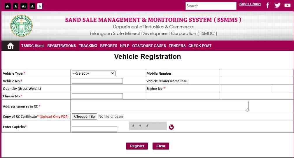 TS Sand Booking Vehicle Registration