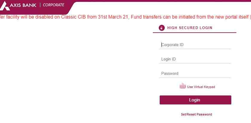 Axis Bank Corporate Net Banking Login