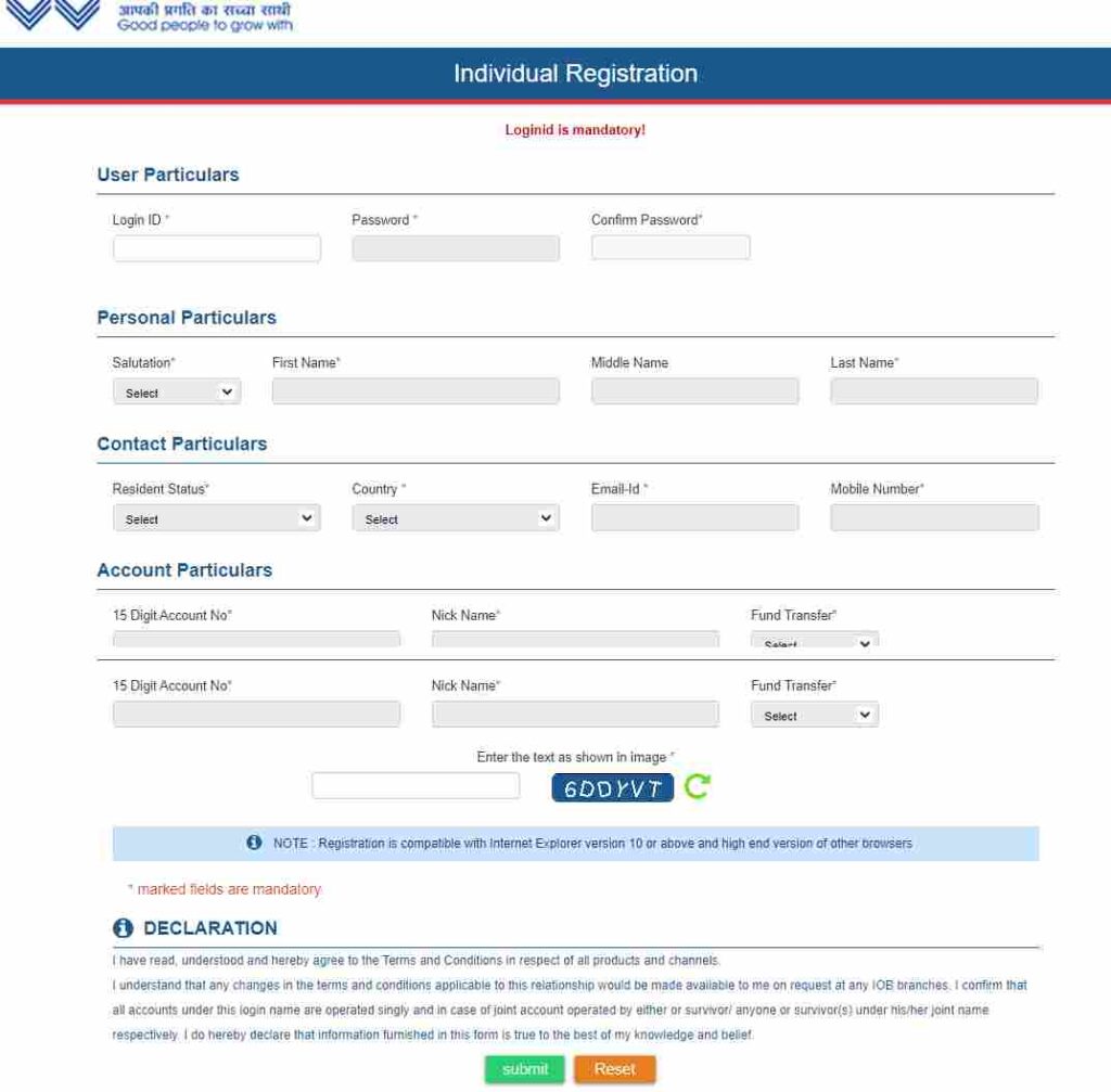 IOB Net Banking portal